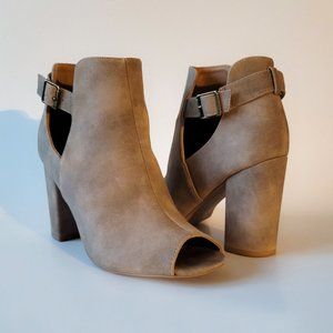 Tan Suede Chunky-Heel Bootie | Peep-Toe | Qupid